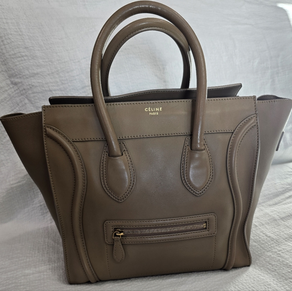 Celine Mini Luggage Smooth Leather Souris Brown Khaki Bag Tote Purse Phantom